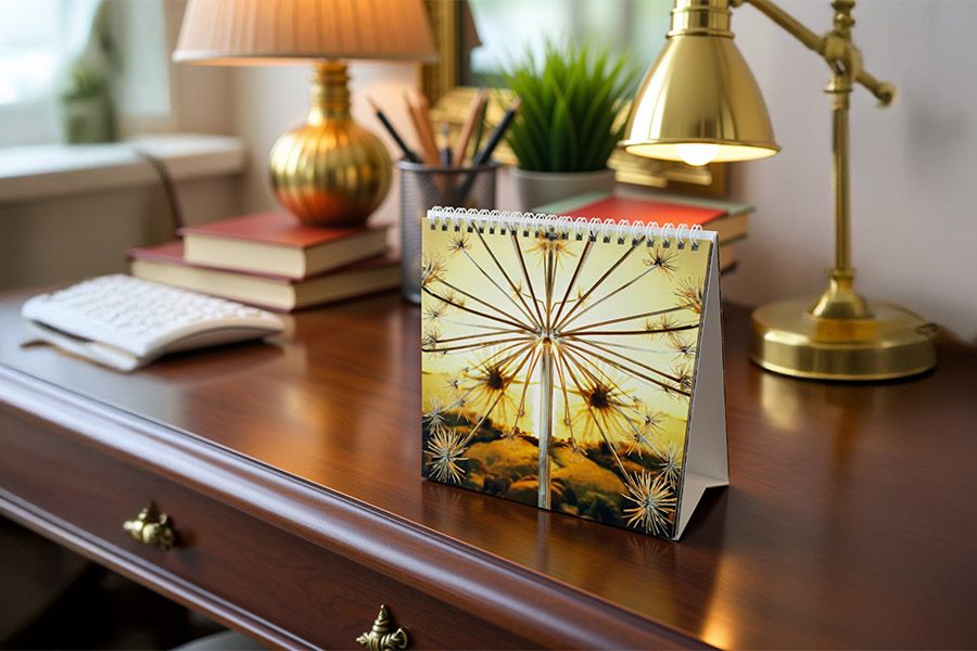 vierkante staande kalender opgesteld op een klassieke bureau